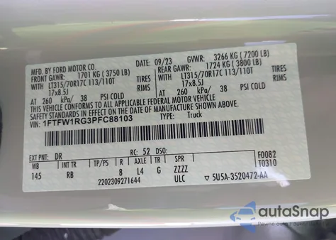 2023 Ford F-150 Raptor z USA, uszkodzony, nr VIN 1FTFW1RG3PFC88103